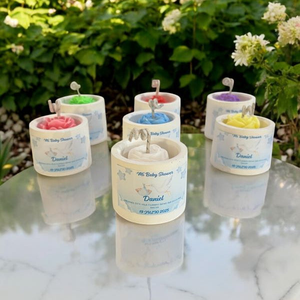 ✨Flor en Maceta de Cemento Baby Shower–$55.10 c/u desde 25 pzas