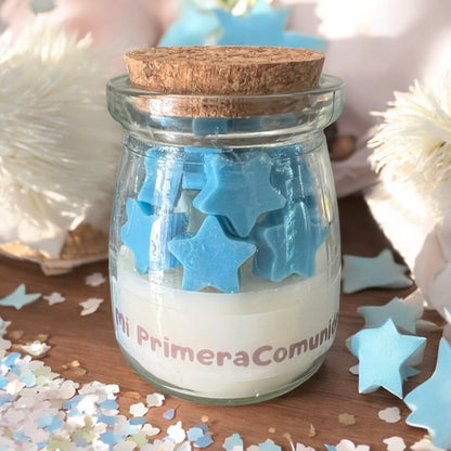 Vela Frasco con Estrellas | Primera Comunión | Desde $64.60 | Color, aroma y etiqueta a tu gusto ⭐️⭐️⭐️⭐️⭐️