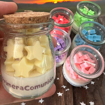 Vela Frasco con Estrellas | Primera Comunión | Desde $64.60 | Color, aroma y etiqueta a tu gusto ⭐️⭐️⭐️⭐️⭐️